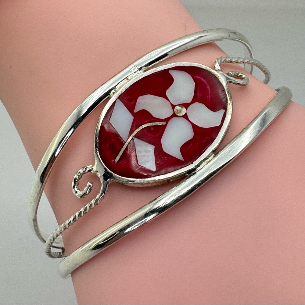 Vintage Alpaca Mexico Mother of Pearl Red Floral Cuff Bracelet Southwestern